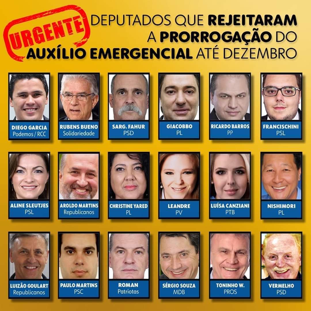 Sargento Fahur,Ricardo Barros e Nishimori votaram contra a prorrogação do auxílio emergencial