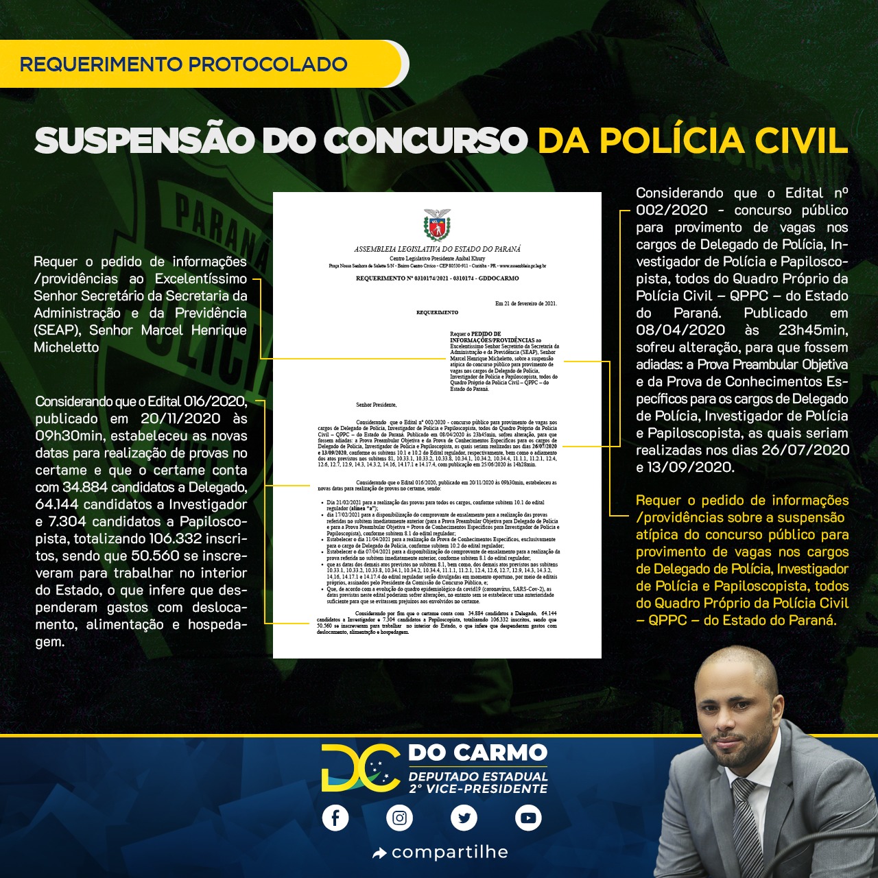 Concurso Polícia Civil : deputado Do Carmo protocolou requerimento solicitando informações e providências