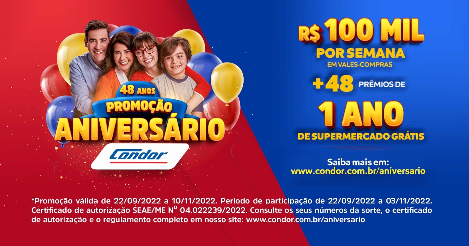 Aniversário Condor tem R$100 mil por semana mais 48 prêmios de 1 ano de supermercado grátis