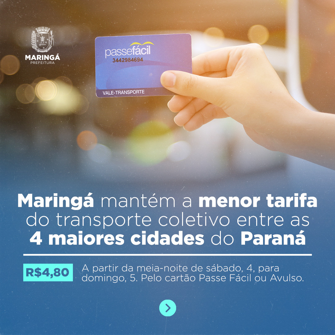 Maringá mantém o menor preço da tarifa do transporte coletivo entre as quatro maiores cidades do Paraná