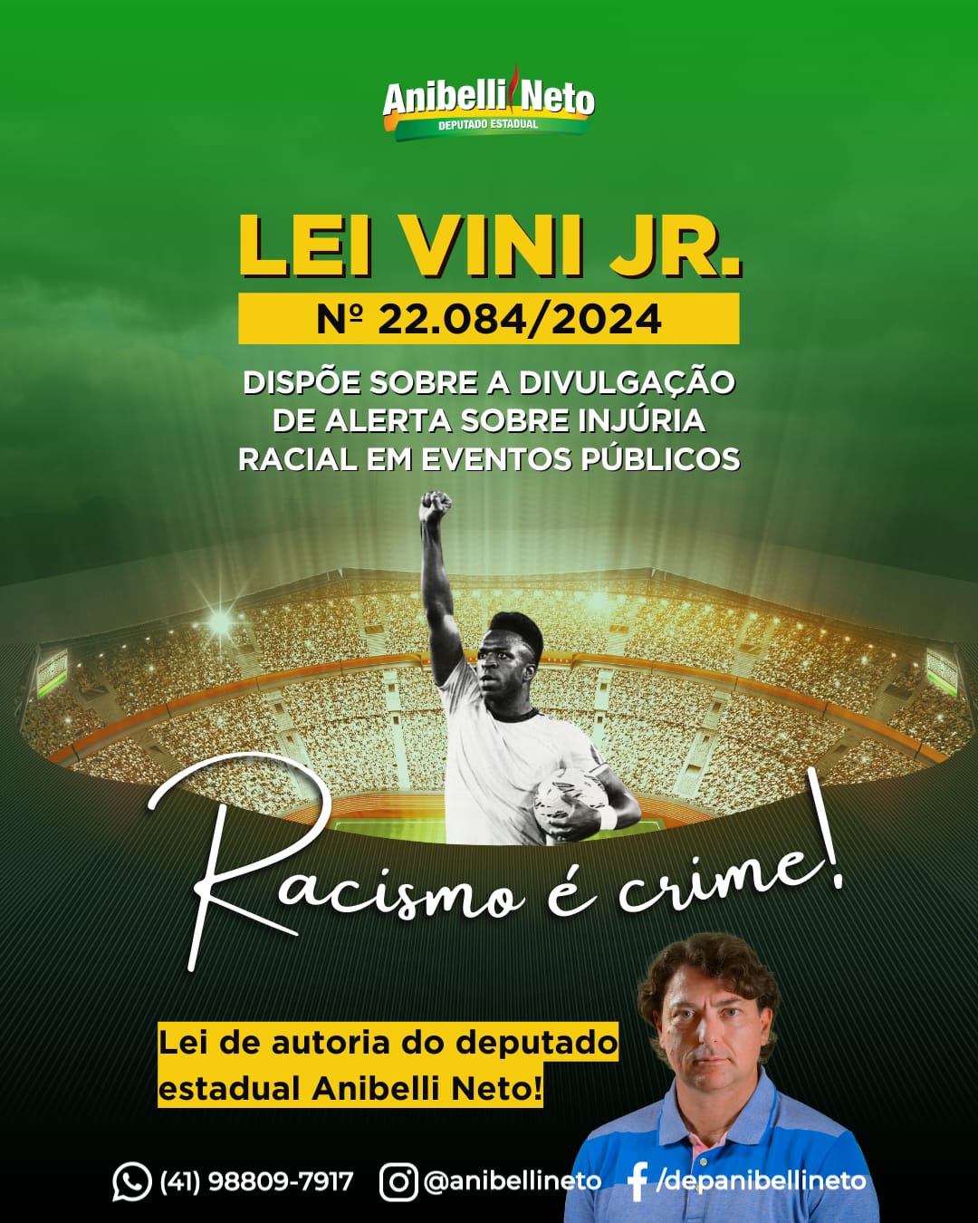 Lei Vini Jr. de combate ao racismo, de autoria do deputado Anibelli Neto (MDB), é sancionada e agora é Lei no Paraná