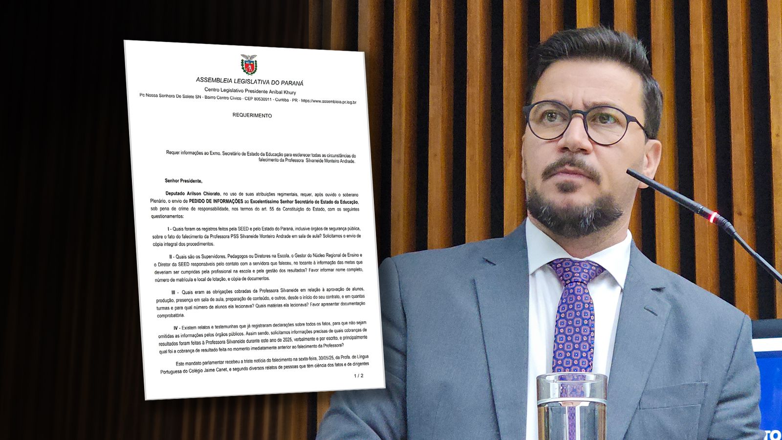Deputado Arilson pede explicações à SEED após professora infartar durante reunião em colégio cívico-militar