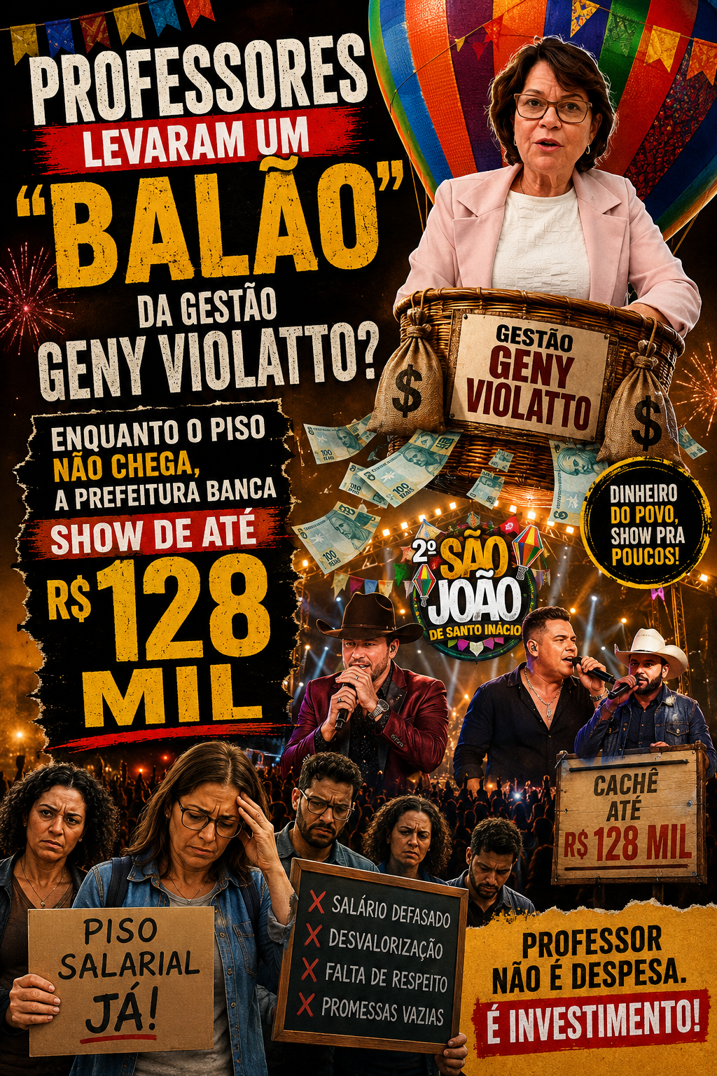 Professores levaram um “balão” da gestão Geny Violatto? Enquanto o piso não chega, a Prefeitura banca show de até R$ 128 mil
