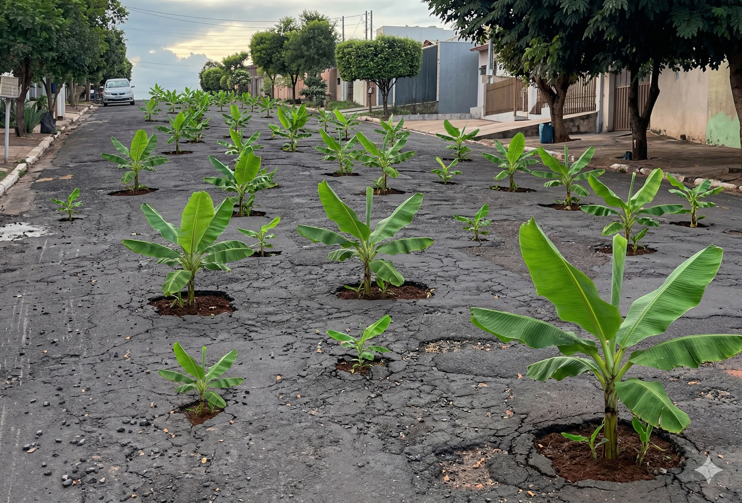 Os pés de banana foram obra da inteligência artificial; já os buracos são reais, resultado da falta de obras do governo Ratinho Junior e da prefeita Geny Violatto