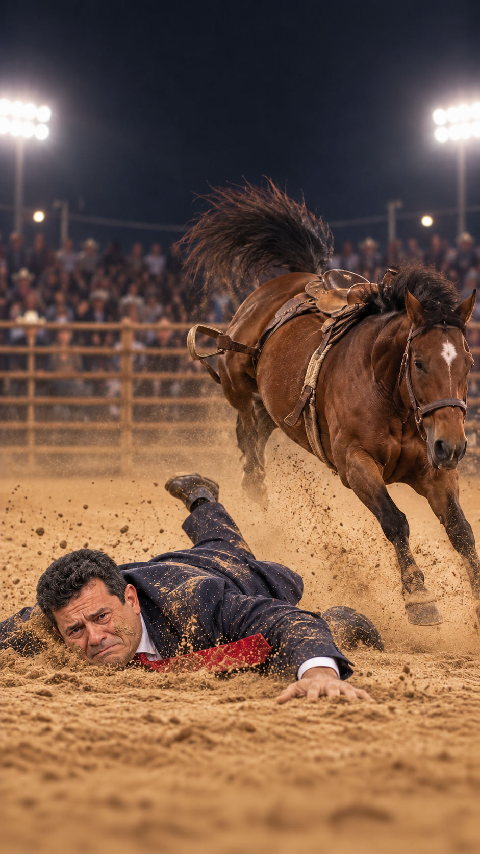 Moro cai do cavalo com Marco Brasil