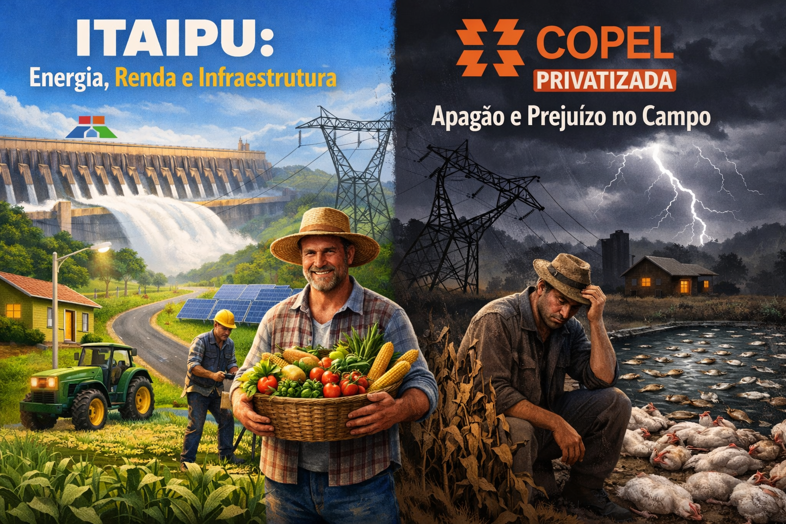 Itaipu fornece energia, renda e infraestrutura; Copel privatizada entrega apagão e prejuízo no campo