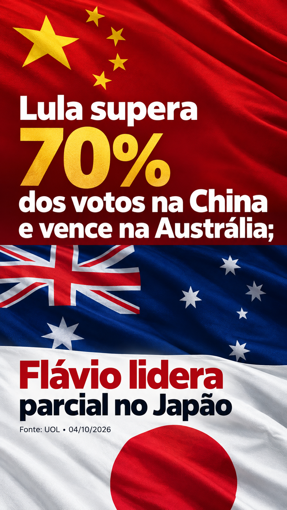 Lula supera 70% dos votos na China e vence na Austrália; Flávio lidera parcial no Japão
