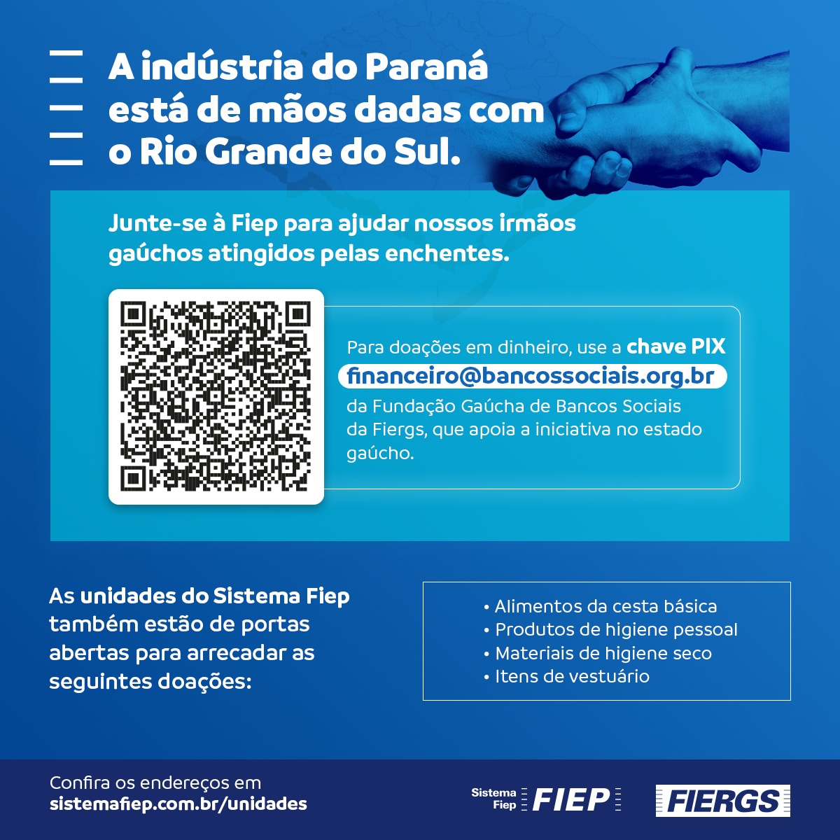 Fiep mobiliza sociedade em prol dos desabrigados do Rio Grande do Sul