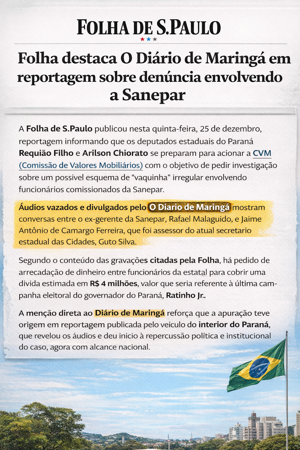 Reportagem do O Diário de Maringá ganha repercussão nacional em matéria da Folha de São Paulo