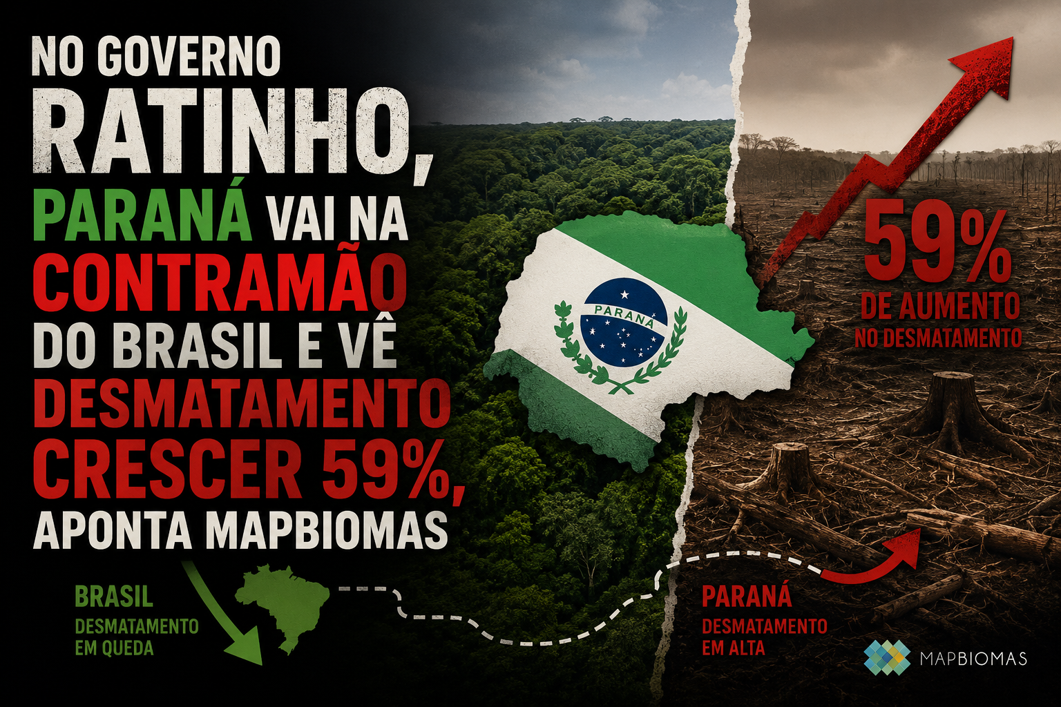 No governo Ratinho, Paraná vai na contramão do Brasil e vê desmatamento crescer 59%, aponta MapBiomas