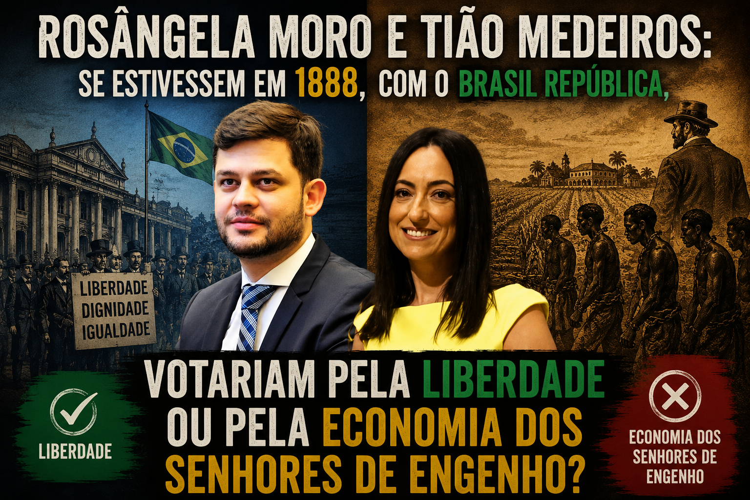 Rosângela Moro e Tião Medeiros: se estivessem em 1888, com o Brasil República, votariam pela liberdade ou pela economia dos senhores de engenho?