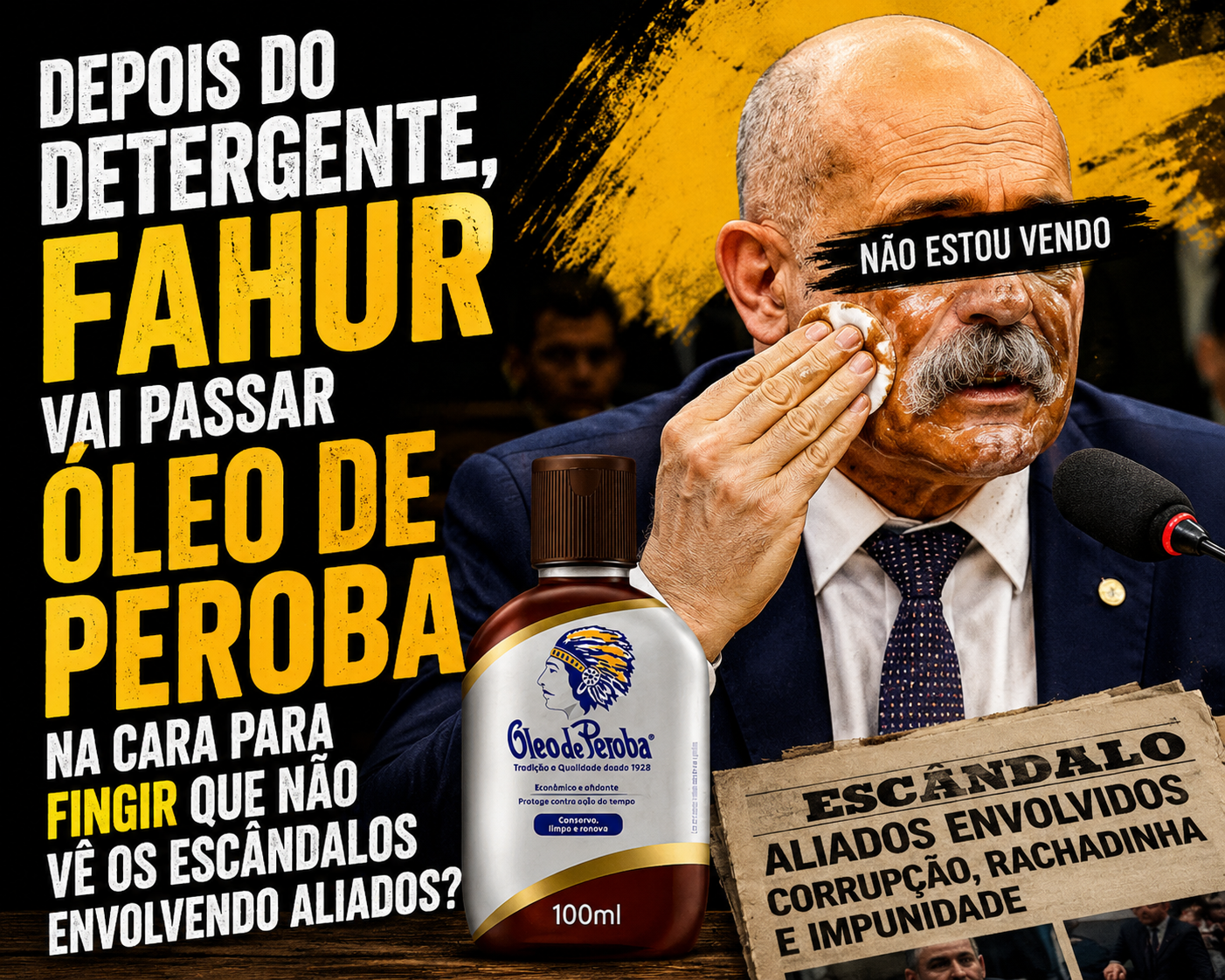 Lavou o bigode com detergente Ypê. Agora Fahur vai passar óleo de peroba na cara  para ignorar denúncias envolvendo aliados?