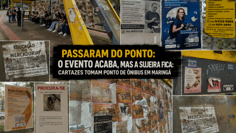 Passaram do ponto: divulgação transforma abrigo de ônibus em mural e deixa sujeira em Maringá