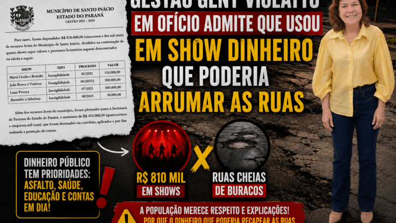 Gestão Geny Violatto em ofício admite que usou em show dinheiro que poderia arrumar as ruas