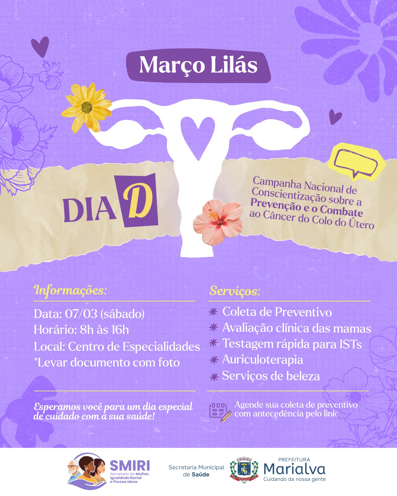 Março Lilás reforça prevenção ao câncer do colo do útero com Dia D em Marialva