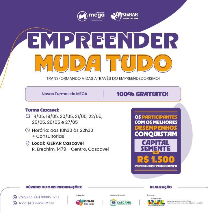 Curso gratuito de empreendedorismo em  Cascavel oferece formação completa e chance de ganhar capital semente