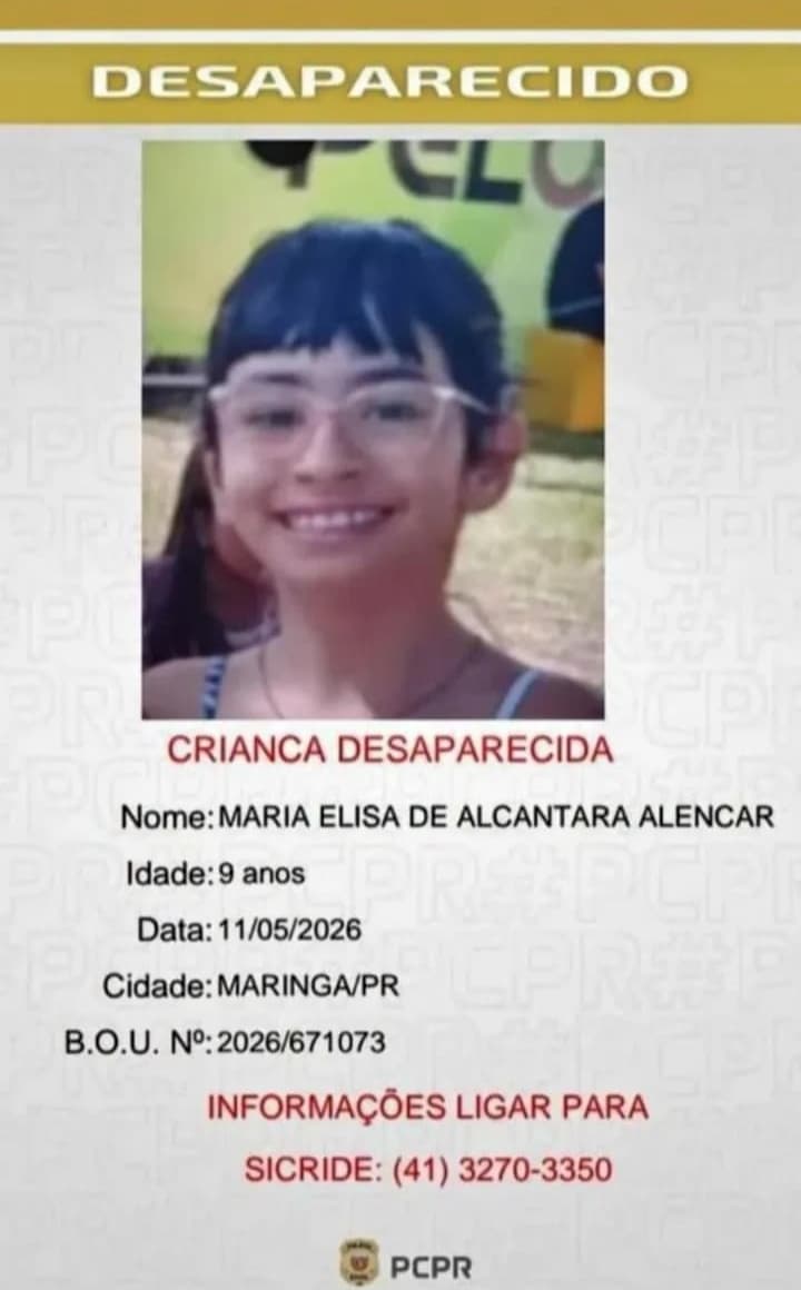 Menina de 9 anos desaparece em Maringá e Polícia Civil pede ajuda da população