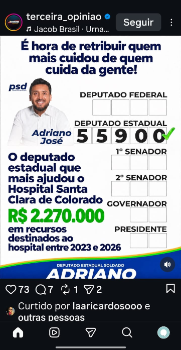 Portal Terceira Opinião divulga peça de Adriano José; regra eleitoral proíbe propaganda em perfil de empresa