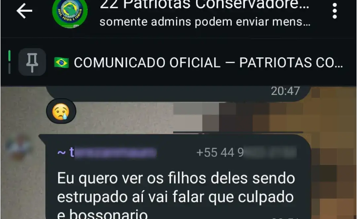 Patriotas Conservadores de Giselli Bianchini? Grupo é citado em denúncia de boicote a comerciantes e mensagem que deseja violência sexual contra crianças?