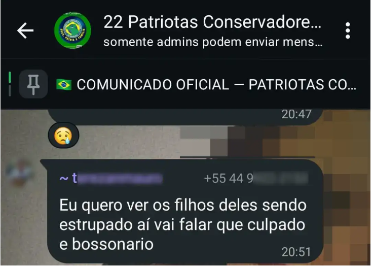 Patriotas Conservadores de Giselli Bianchini? Grupo é citado em denúncia de boicote a comerciantes e mensagem que deseja violência sexual contra crianças?